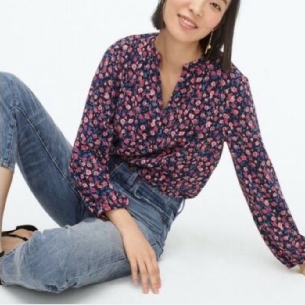 J Crew crepe 365 popover style AF386 floral blouse top XL